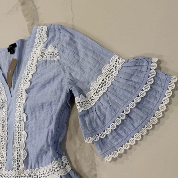 J. Crew NWT Pleated V-Neck Ruffle Sleeve Peplum Blouse Lace Trim Women’s XS Blue - Picture 4 of 10